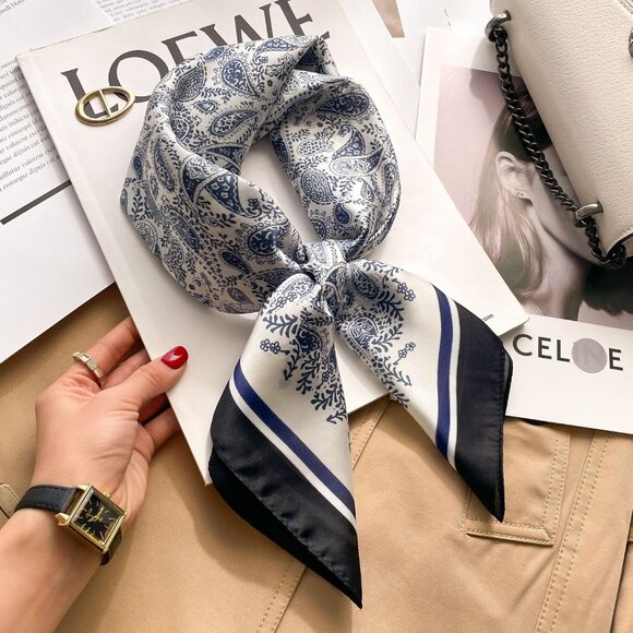 Women Navy Paisley Headscarf Satin Bandana Pattern Polyester Breathable Scarves - Picture 7 of 7